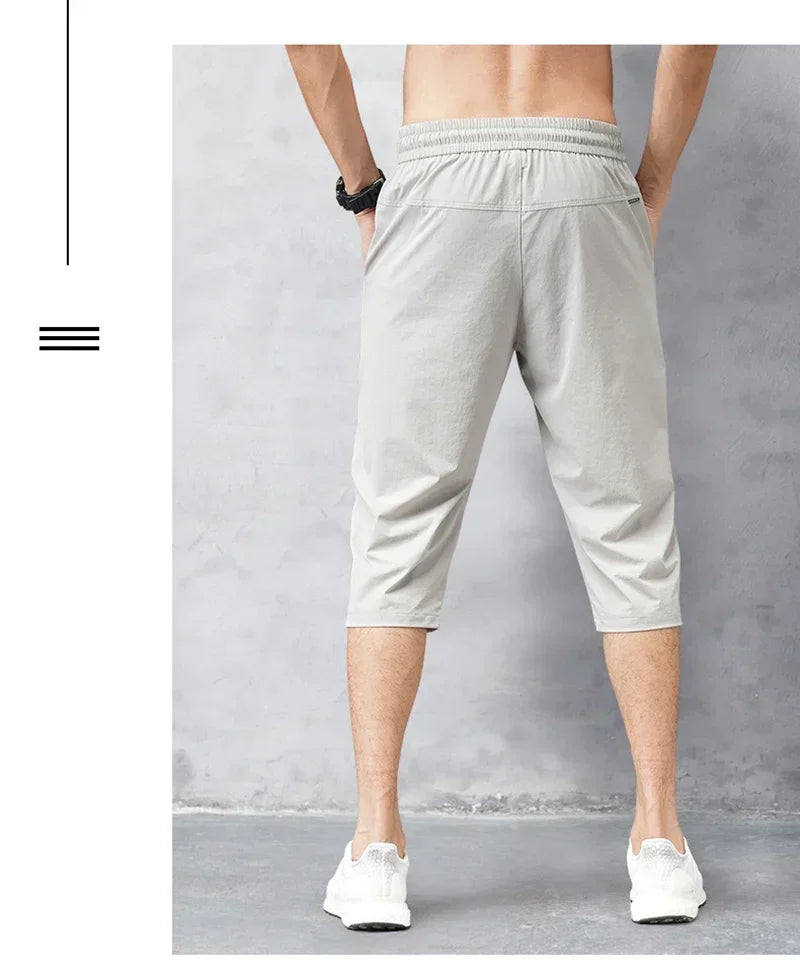 3/4 Length Men's Shorts Quick Drying Ice Silk Summer Breeches Male Long Calf Bermuda Board Beach Elastic Big Size Nylon Stretch