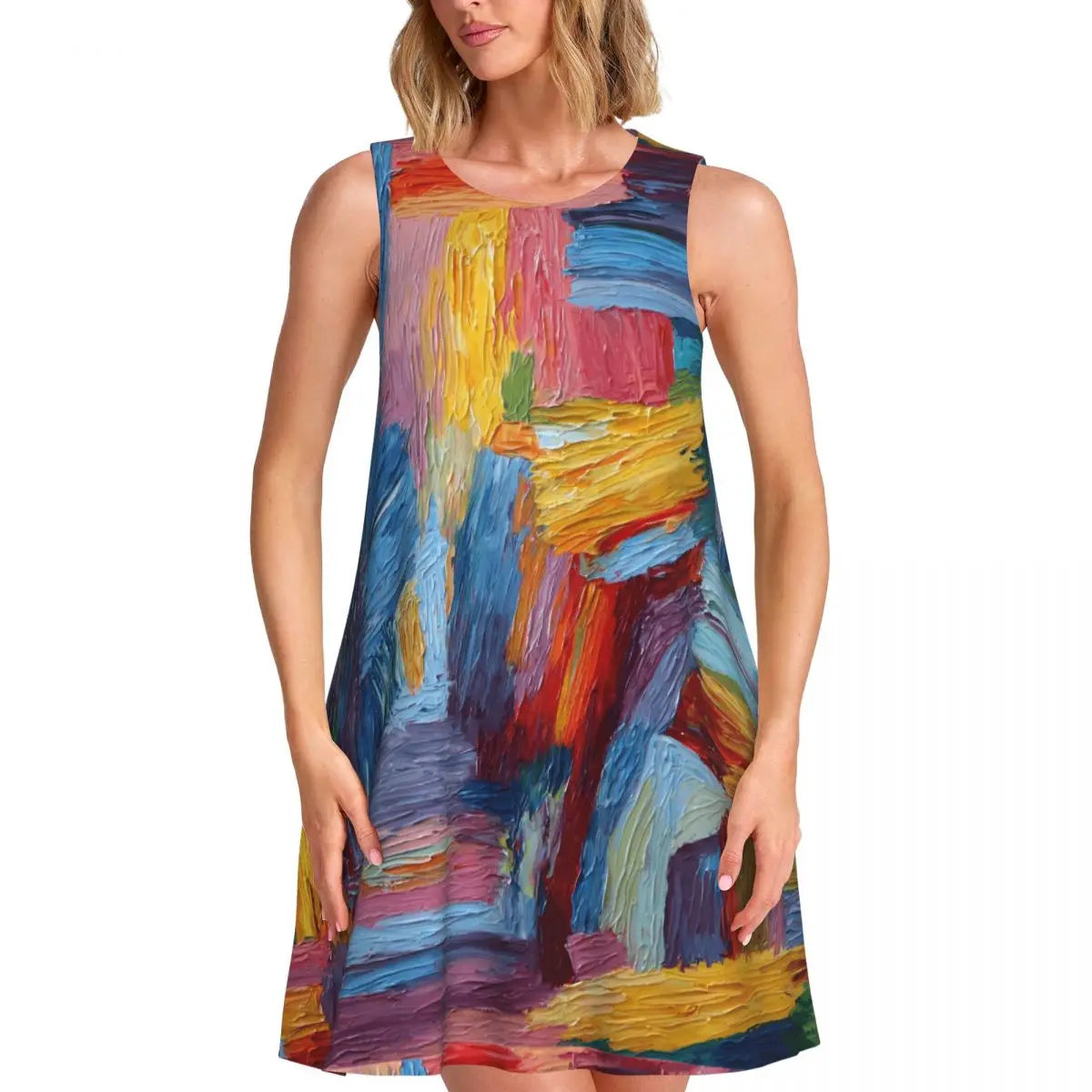 Abstract Print Tank Dress - Women's Sleeveless O-Neck Mini Dress