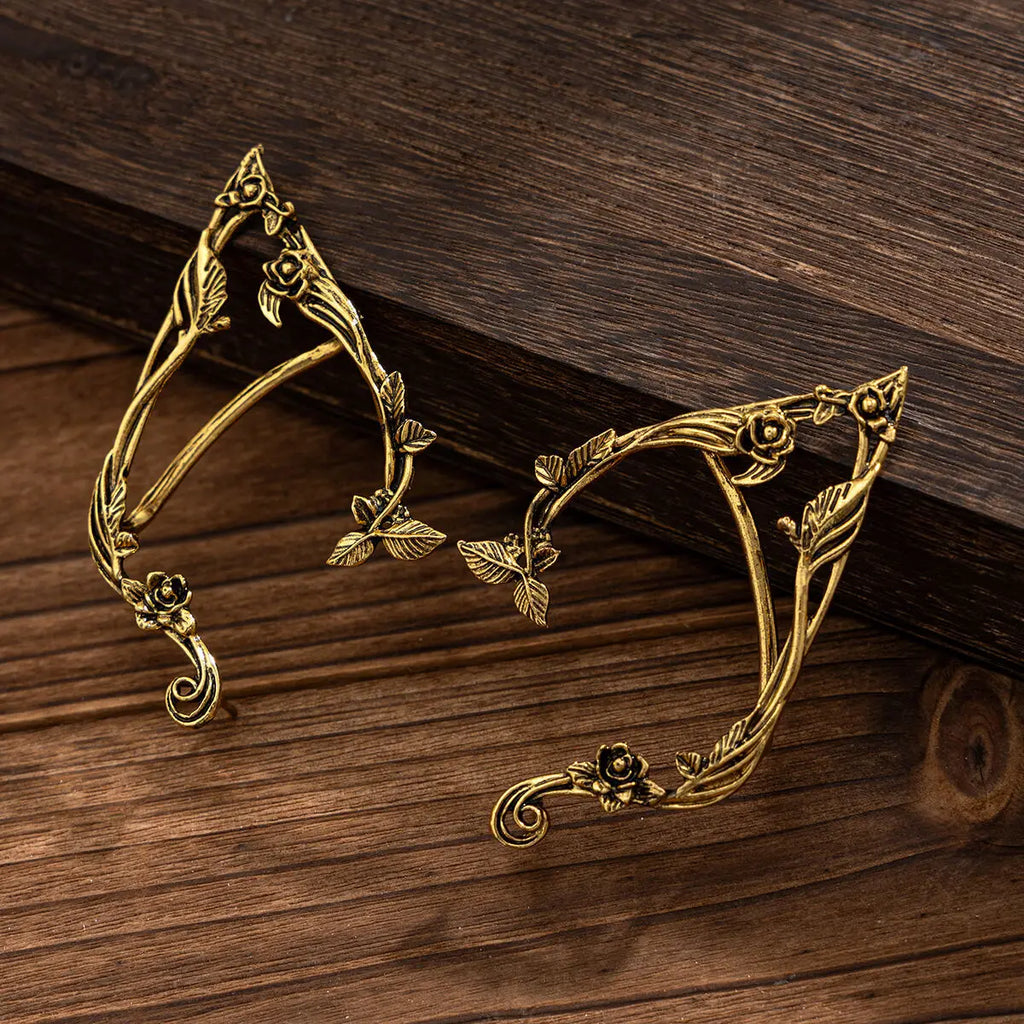 Purui Popular Gold Color Elf Flower Leaf Ear Clip Cute Jewelry Accessory Fairy Piercing Earrings Wedding Girls Jewelry Gifts New