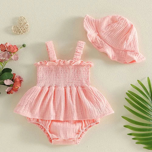 Baby Girl Sleeveless Romper and Hat Set - Cotton Print, 0-24M