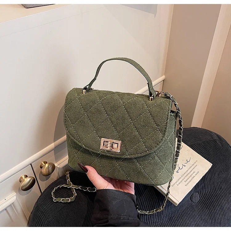 Diamond Grid Chain Crossbody Bag One Shoulder Purse Trendy Flip Top Clutch Women's Fashion Suede Leather Casual Shoulder Bag