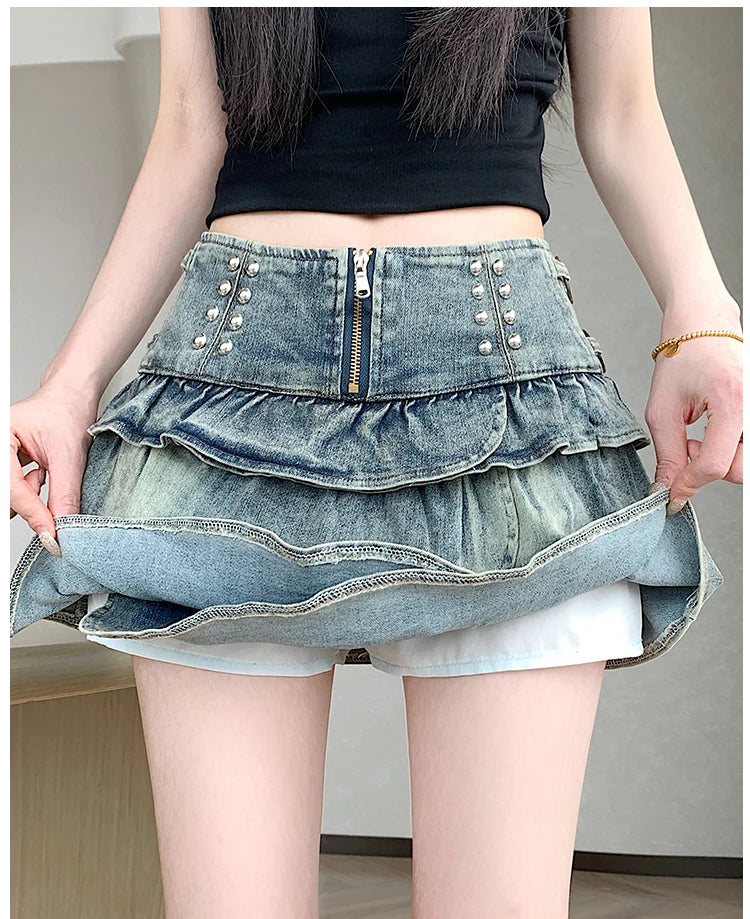 Summer Retro 2026 Korean Fashion Vacation Versatile Sexy Denim Cake Pleated Mini Skirt Women's High Waist Ruffle Short Skirt