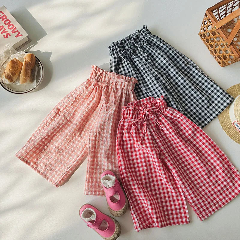 Kids Pants Plaid Printed Wide-leg Pants Flower Waist Summer Culottes Girls Pants Kids Clothes for Girls 2 To 8 Years