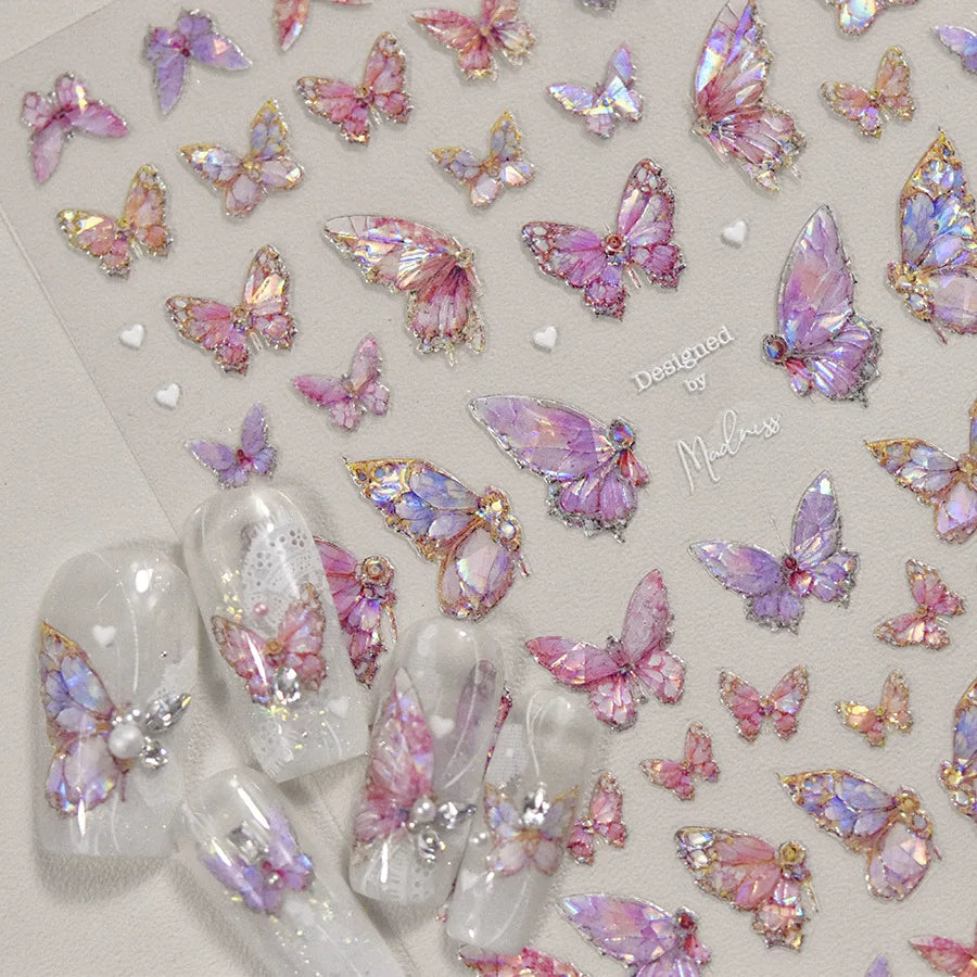 1pcs 5D Luxury Kawaii Butterfly Nail Stickers Japanese Glitter Shell Aurora Nail Art Decorations Decals DIY Manicure Slider Foil
