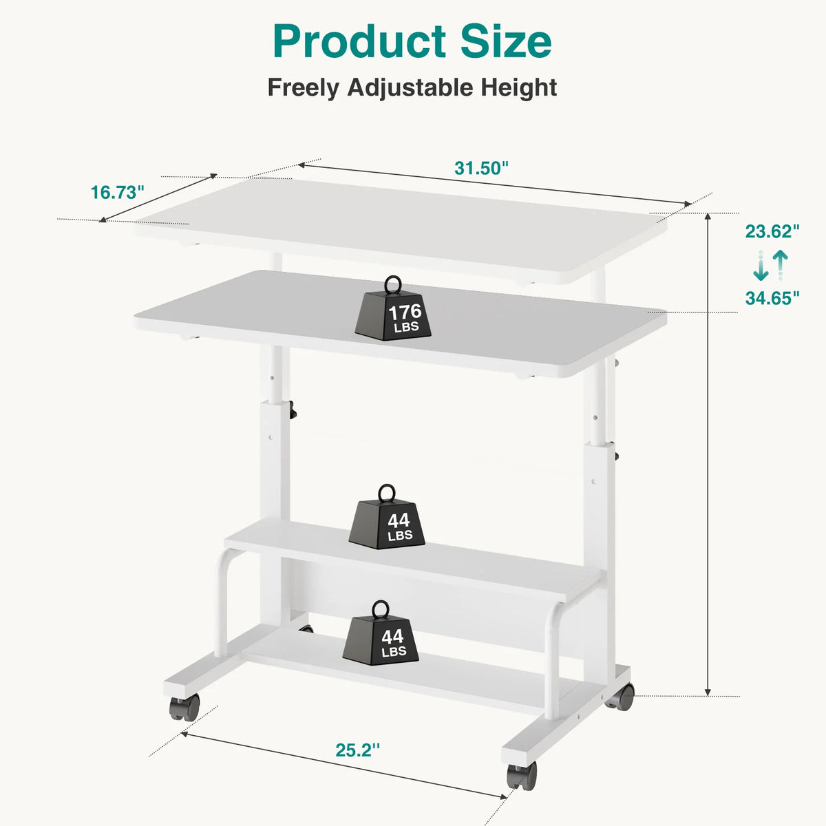 MCQ 31.5 Inch Mobile Rolling Lifting Computer Desk With Storage Shelves Ergonomic Standing Height Adjustable Computer Desk on Wheels Gaming Table for Home Office Use Workstation