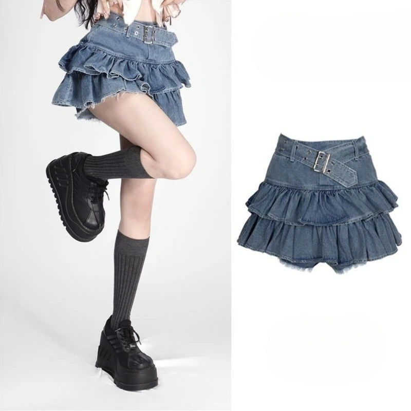 Double Layer Ruffle Two Piece High Waist Mini Tiered Cake Denim Skirt Thin Anti Slip Design