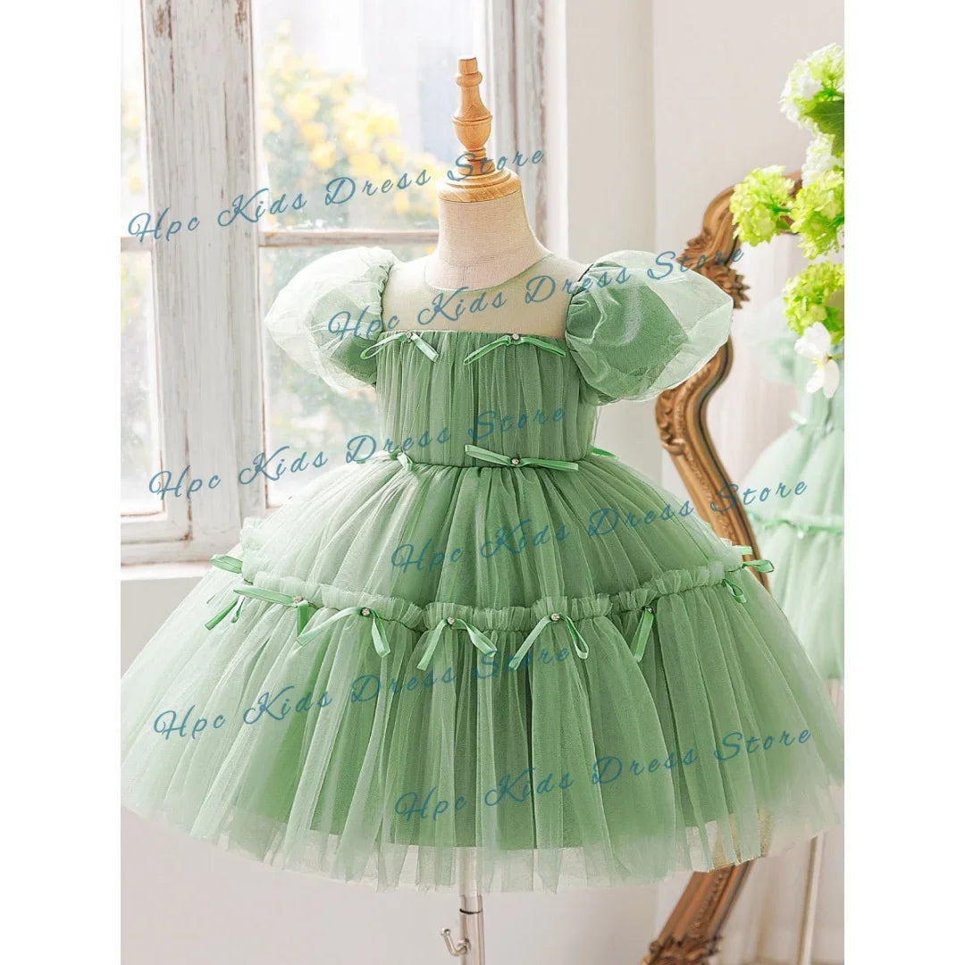 Custom Sage Green Tulle Flower Girl Dress Puff Sleeve Tiered Ruffle Bow Knee Length  Party Bridesmaid Wedding Formal Event