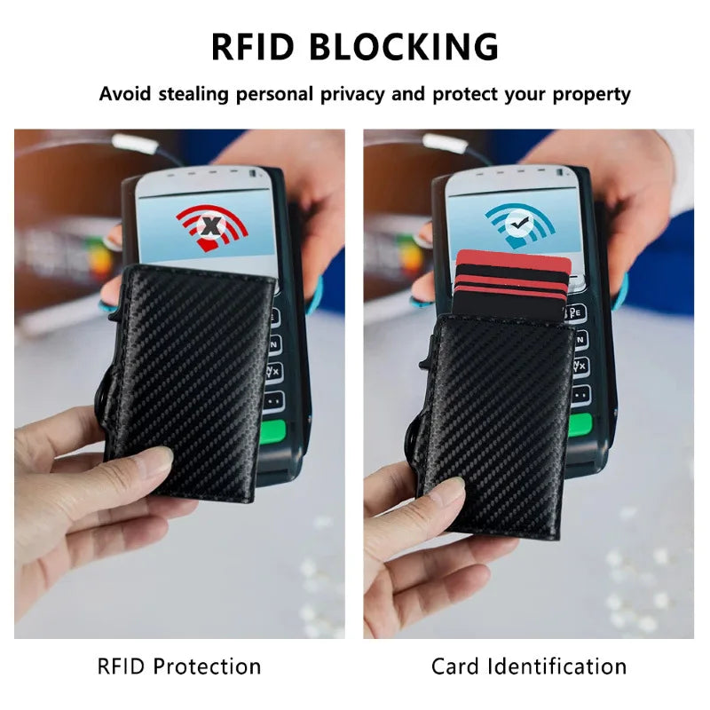 Carbon Fiber Credit Card Holder Men's RFID Blocking Smart Metal Thin Slim Pop Up Minimalist Wallet Small Purse Metal Coin Bag