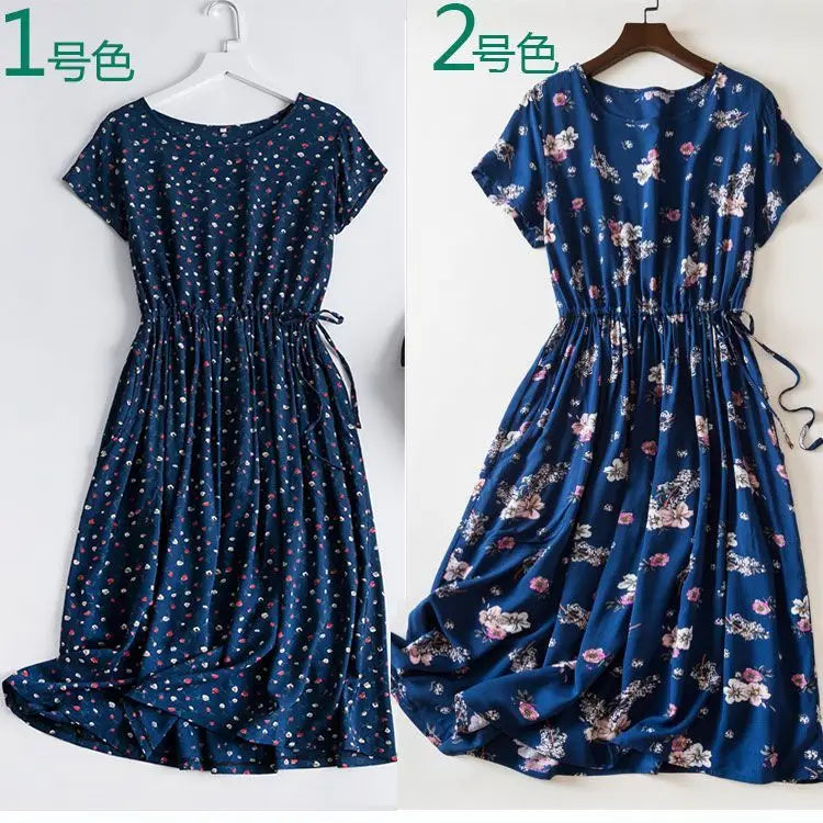 Cotton Silk Dress Women's Short Sleeved 2026 Summer New Ladies Slim Round Neck Temperament Beach Print Dresses