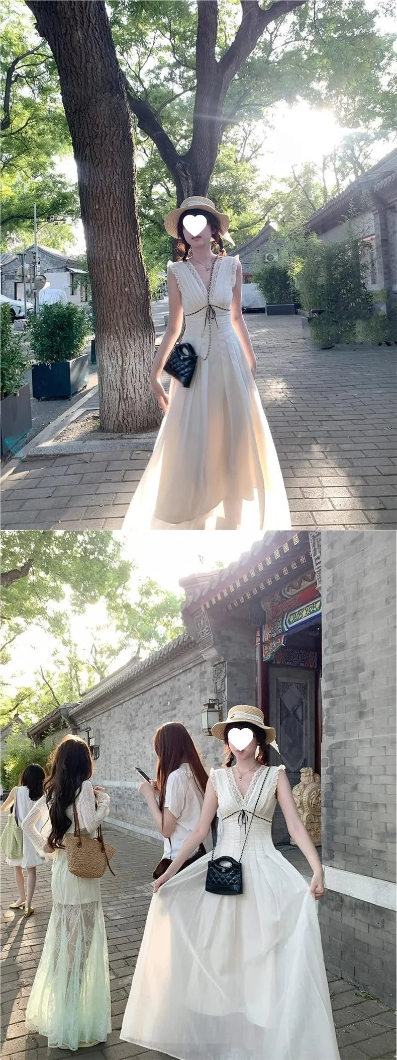 plus Size French Collar Lace Splice Sleeveless Dress Women Summer Slimming Long Dress Waist Cinched V Neck Knitted Fabric