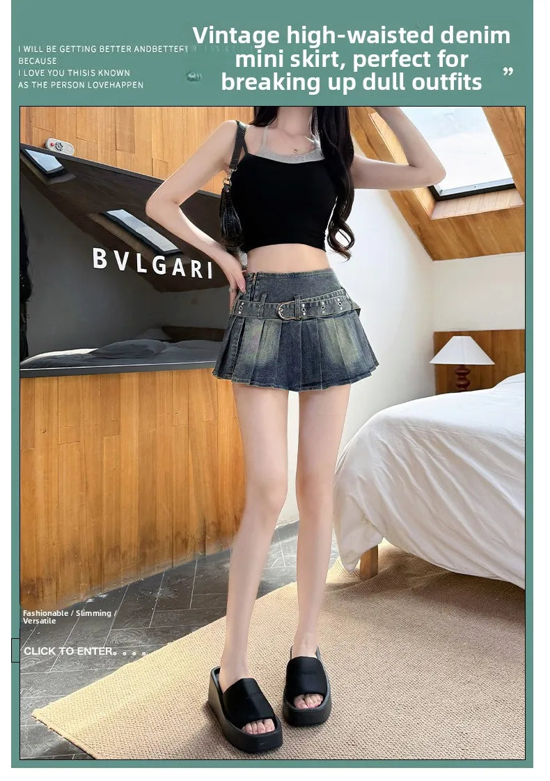 High Waist A-Line  Skirt Women's Denim Pleated Half Body Summer New Style Comfortable Soft Korean Version City Commute