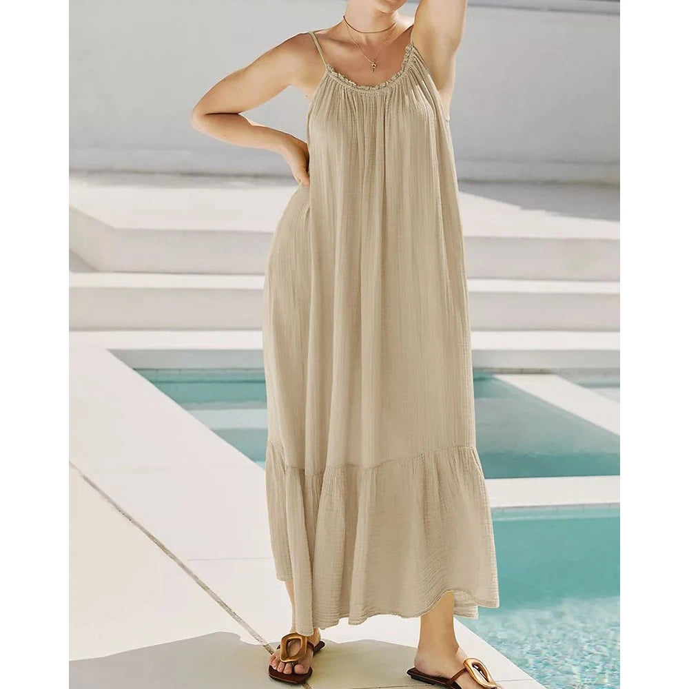 100% Cotton Women Summer Boho Beach Long Dress Sleeveless Spaghetti Strap Maxi Dress Loose Long Dress Vestidos Clothes