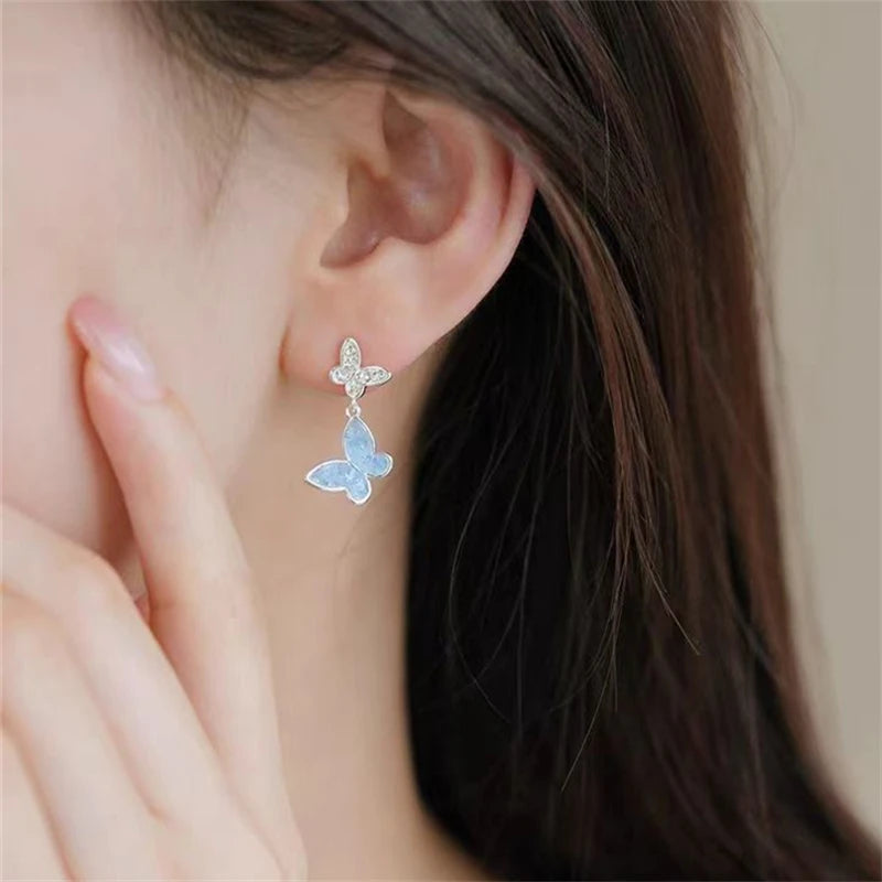 Light Luxury Shiny Zircon Butterfly Bracelet For Women'S Blue Rhinestone Double Butterfly Necklace Earring Set Girls Jewelry