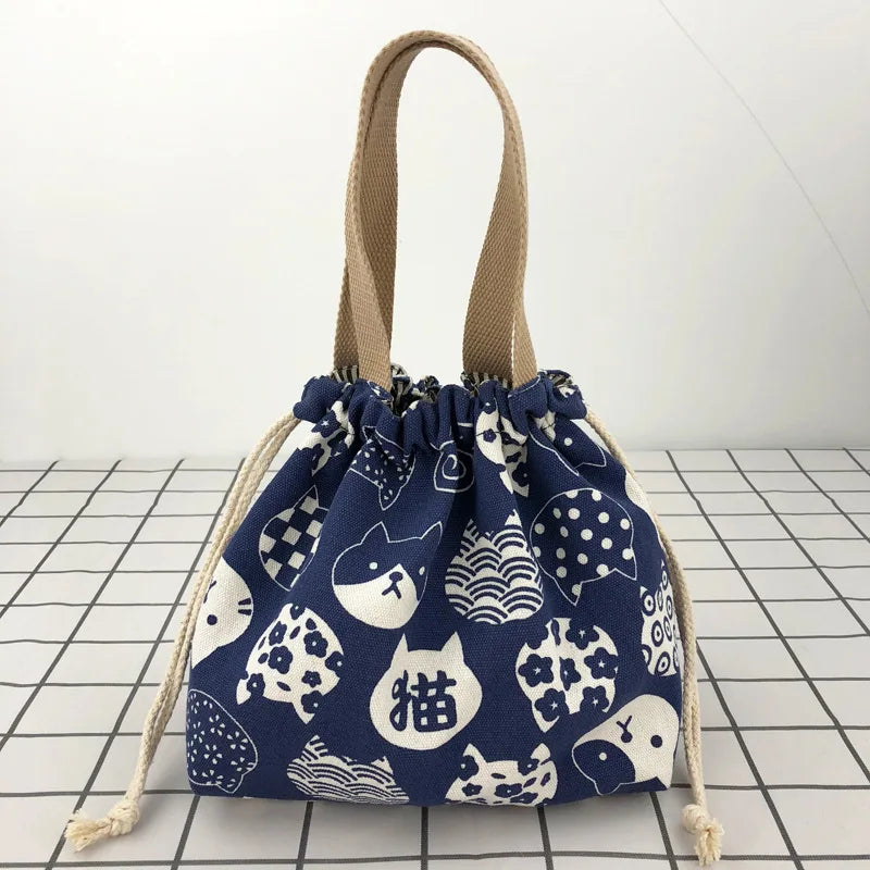 Bolsa de almuerzo de lona con cordón con diseño de anime de dibujos animados japonesa, bolsa plegable para dos fiambreras