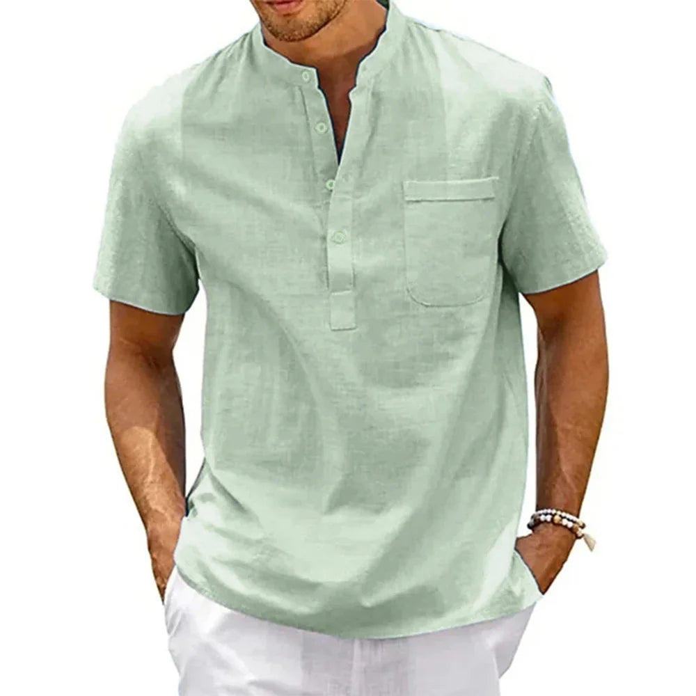 Cotton Linen Shirt For Men Henley With Pocket Breathable Solid Color Short Sleeve Casual Beachwear Vintage Streetwear