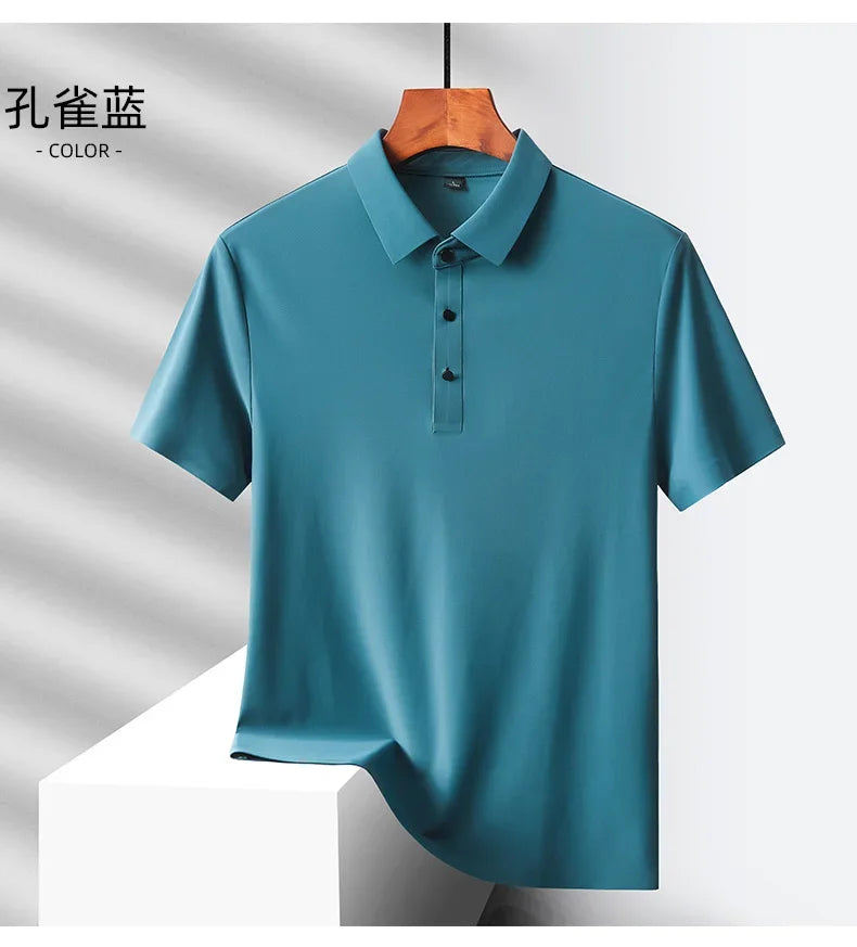 Summer Ice Silk Quick Drying Loose Polo Shirt Middle Aged Men's Solid Lapel Button Simple Versatile Casual Thin Short Sleeve Top