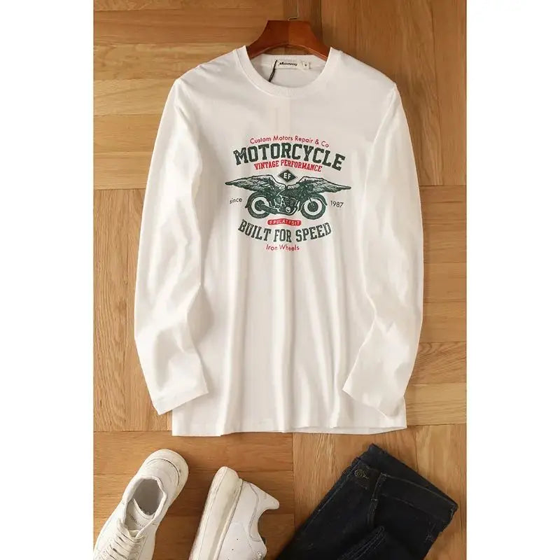 Men's Premium Pure Cotton Long Sleeve T Shirt With Washed Brushed Finish Retro American Print For Men