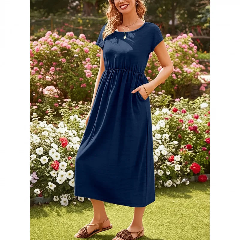 Casual Long Ice Silk round Neck Short Sleeve Dress Pure Color A-Line Skirt Comfortable Elastic Waist Elegant Commute Style