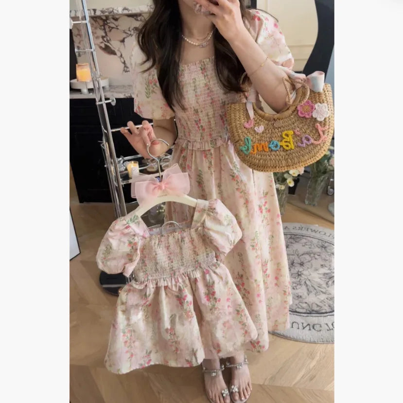 Parent-child Clothing Floral Dress Sweet Cute Children's Clothing Skirt Mother Same Mother-daughter Clothing Bubble Sleeve Skirt