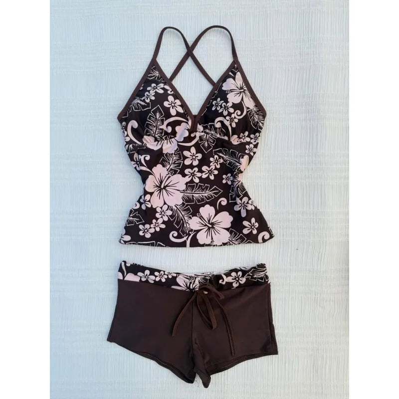 Tropical Floral Print Halter Tankini Swimsuit, V-Neck Top & Boyshort Bottom Two-Piece Set