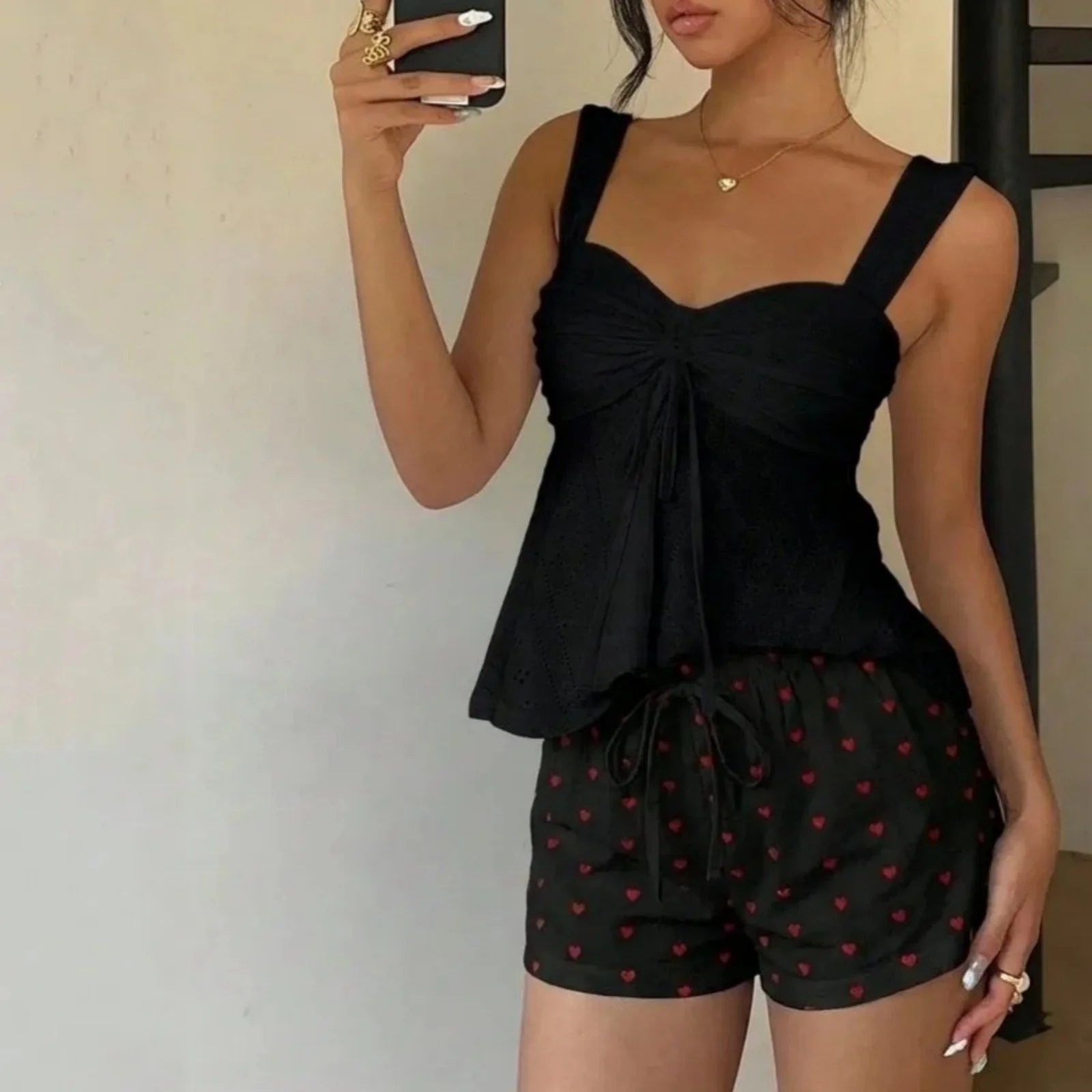 Xingqing Summer Tank Tops Women Clothes Tie Bow Front Eyelet Embroidered Ruched Bust Sleeveless T Shirts 2000s Vest Streetwear