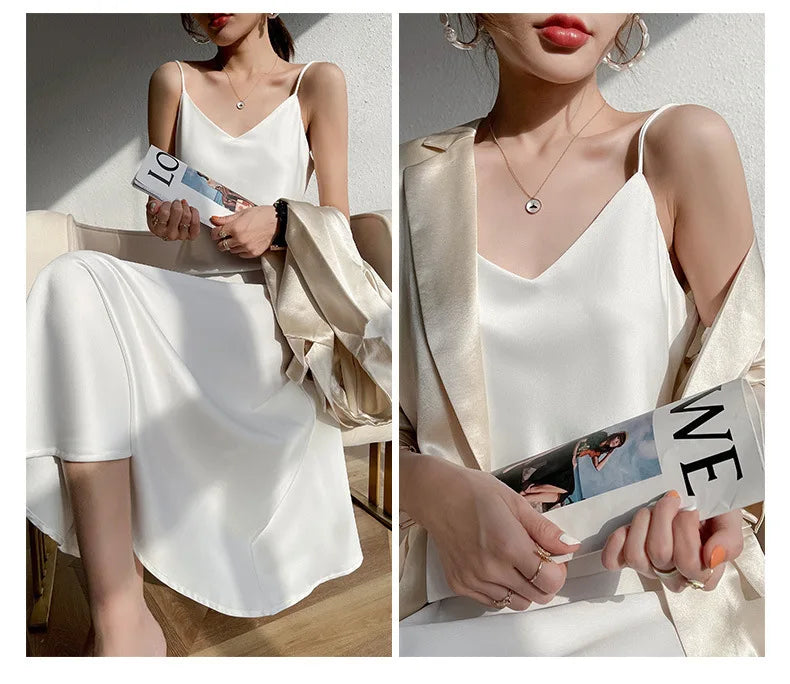 Sexy Solid Color Camisole Nightgown for Women Midi Length Sleeveless Slip Dress Inner Layer Base Dress Home Sleepwear Nightwear