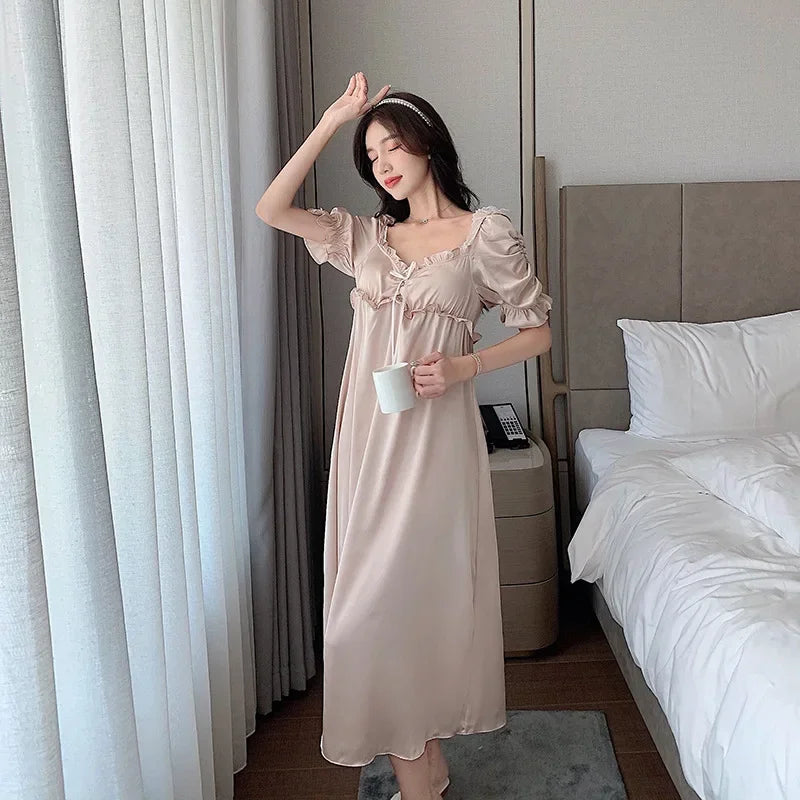 Satin Long Nightgown Women Sweet Lovely French Sleepwear Retro Silk Short Sleeve Sleepshirt Ladies Fashion Nightdress Home Dress