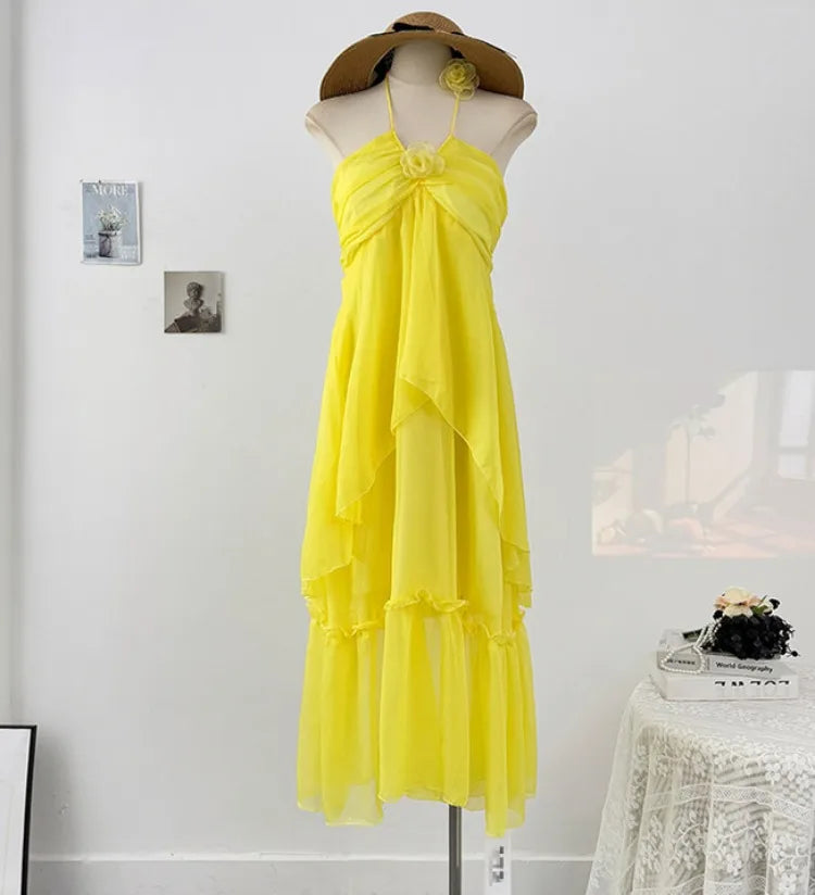 French style three-dimensional flower hanging neck lace-up dress women's summer vacation style sexy backless big swing skirt