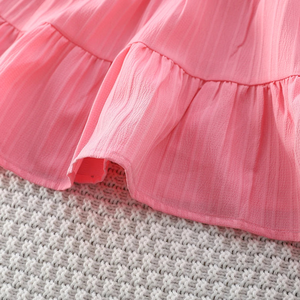 Girls Cake Princess Dress Solid Color Suspender Flying Sleeve Pink Dress Casual Kids Clothes Fashion Summer Wear