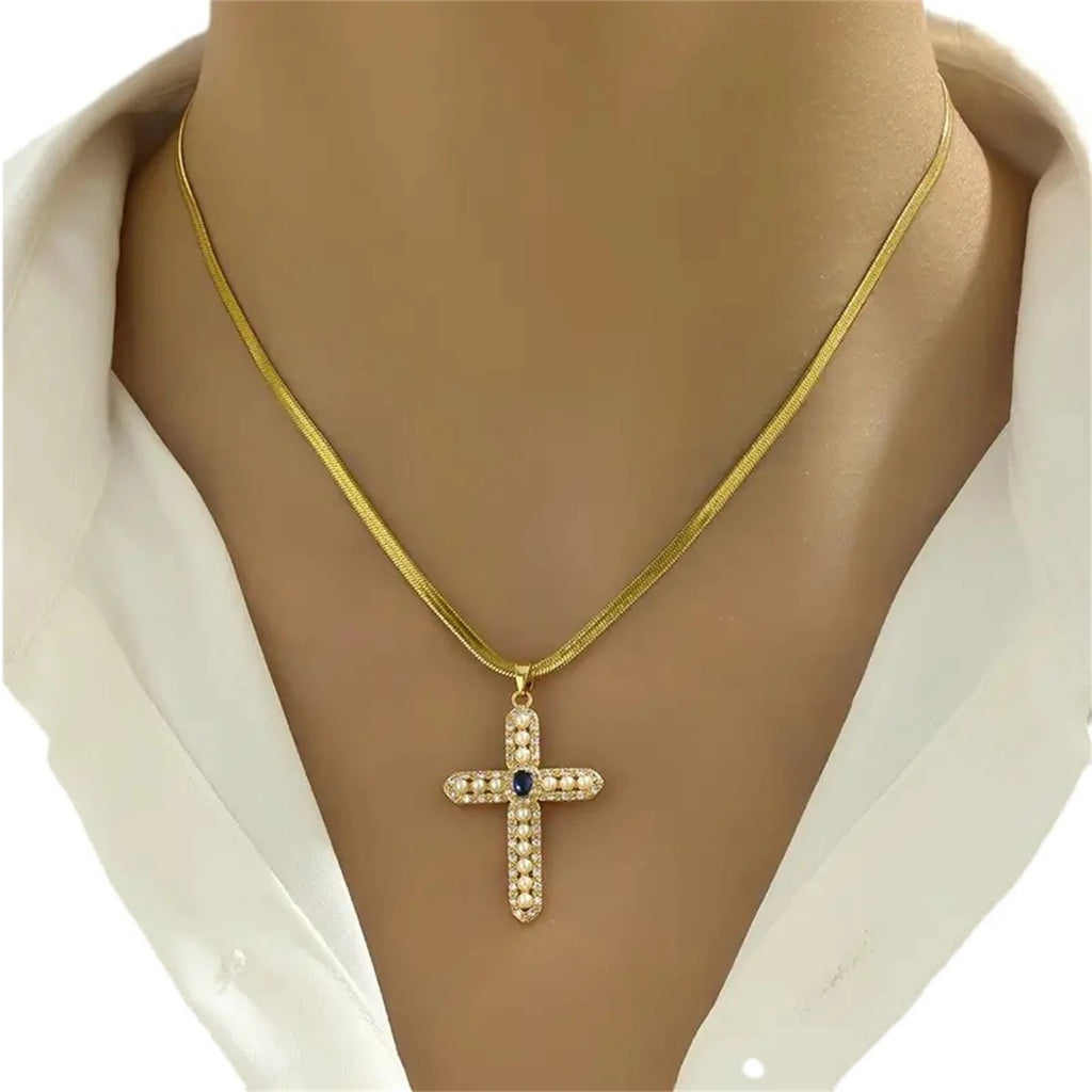 Zircon Pearl Cross Pendant Charms Chain Necklaces Ladies Fashion Exquisite Jewelry Gifts San125