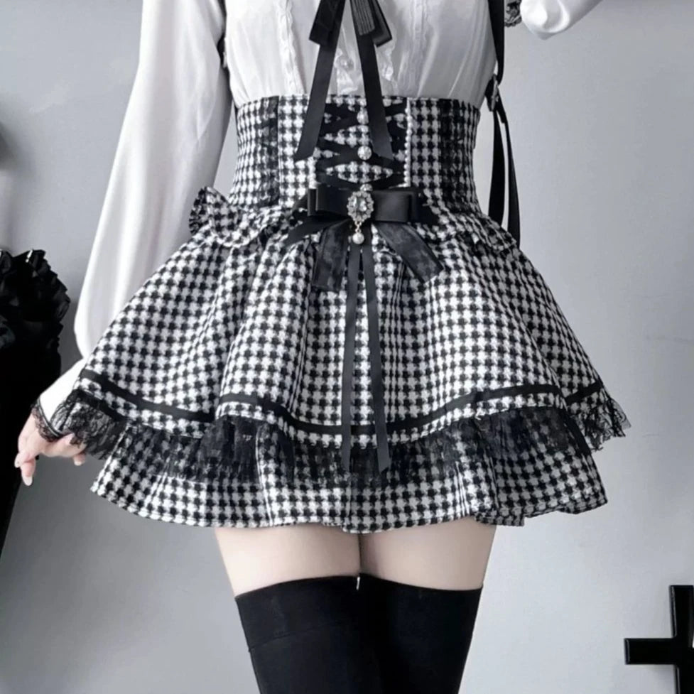 Sweet Kawaii Gothic Lolita Skirt Women Lace Ruffle High Waist Tiered Skirt with Bow Pearl Chain Decor Cute A-line Mini Skirt
