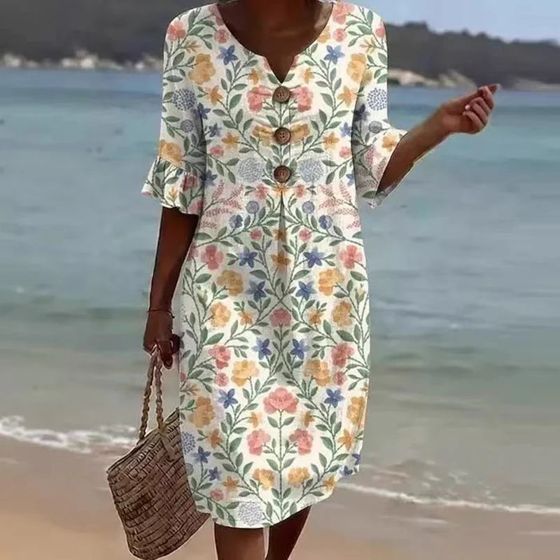 Summer Vintage Printed Dress Women Casual V Neck Half Sleeve Button Design Midi Dresses For Women Loose Beach Holiday Dress Boho