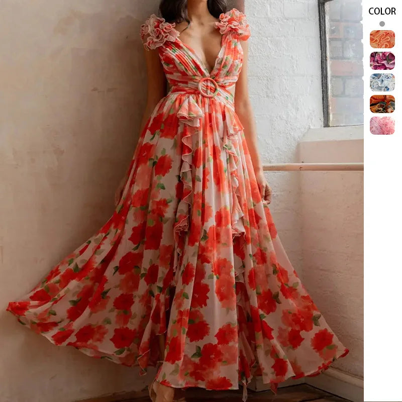 Floral Dress Women Spring Summer Deep V Neck Ruffle Hem Hollow Out Backless Maxi Dresses Bohemian Beach Sundress Outfit