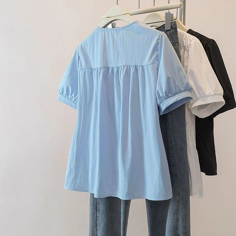 200 Pounds Plus Size Elastic Waist Office Lady Trend Shirt And Blouse Solid Color Top Women Clothing V-neck French Chic Basics