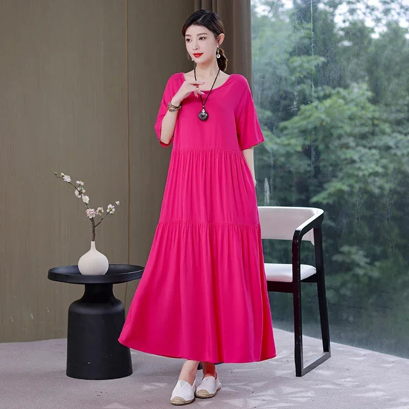 Women's Oversized A-Line Midi Dress – Loose Fit Short Sleeve Summer Sundress