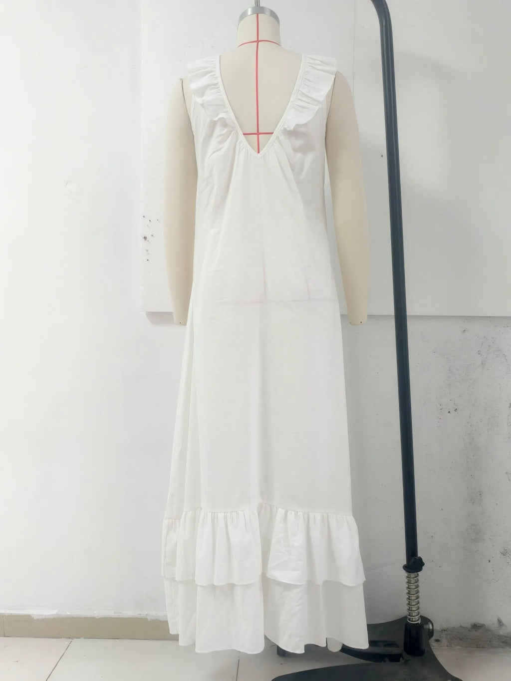 Summer Woman Dress Sleeveless Ruffle Neck Dresses Women's Pleated Maxi Dress V Neck Asymmetrical Hem Boho Dress Layered Ruffles