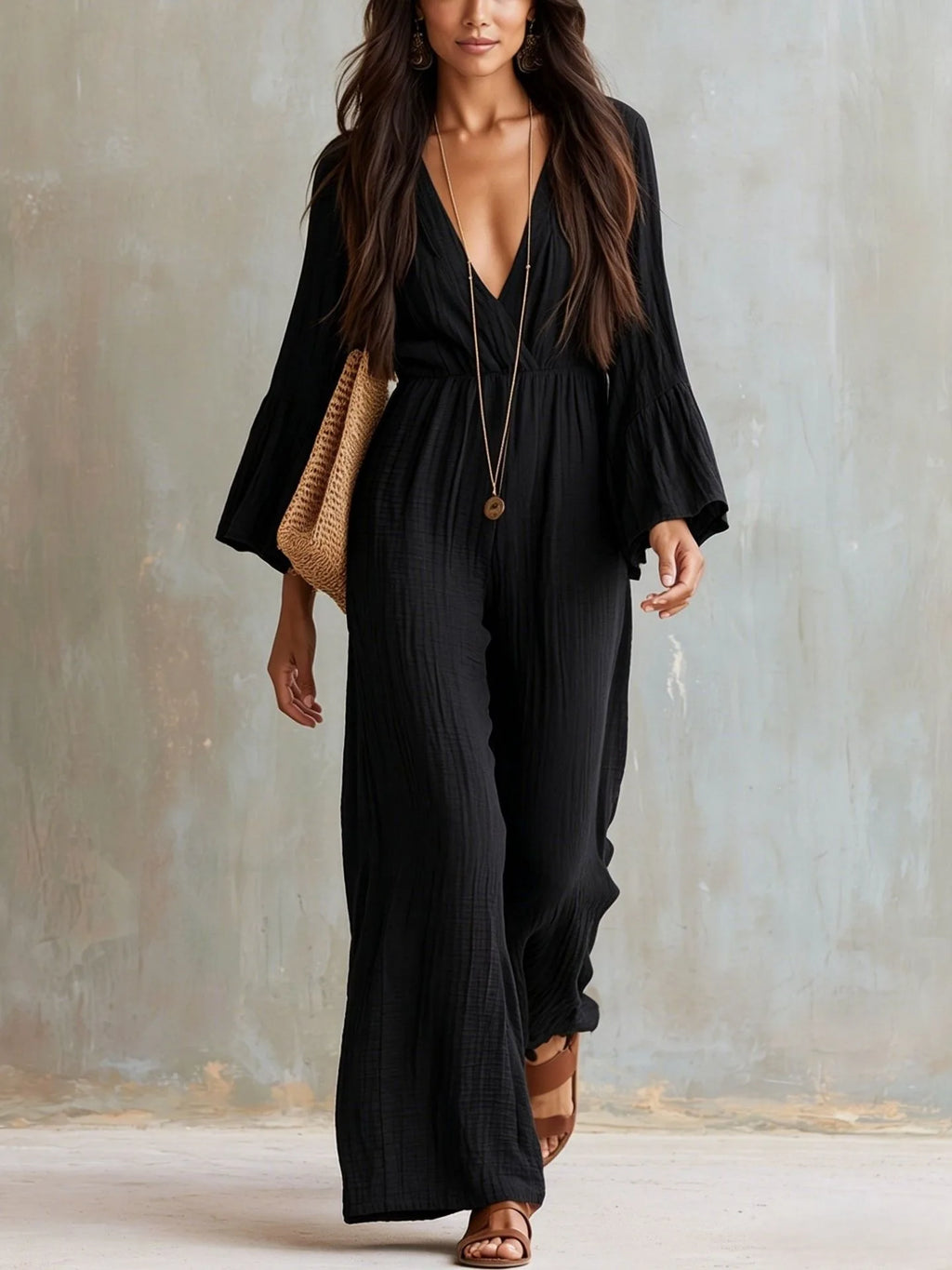 Elegant Women Flare Sleeve Jumpsuit Deep V Neck High Waist Wide Leg Casual Daily Party One Piece Romper