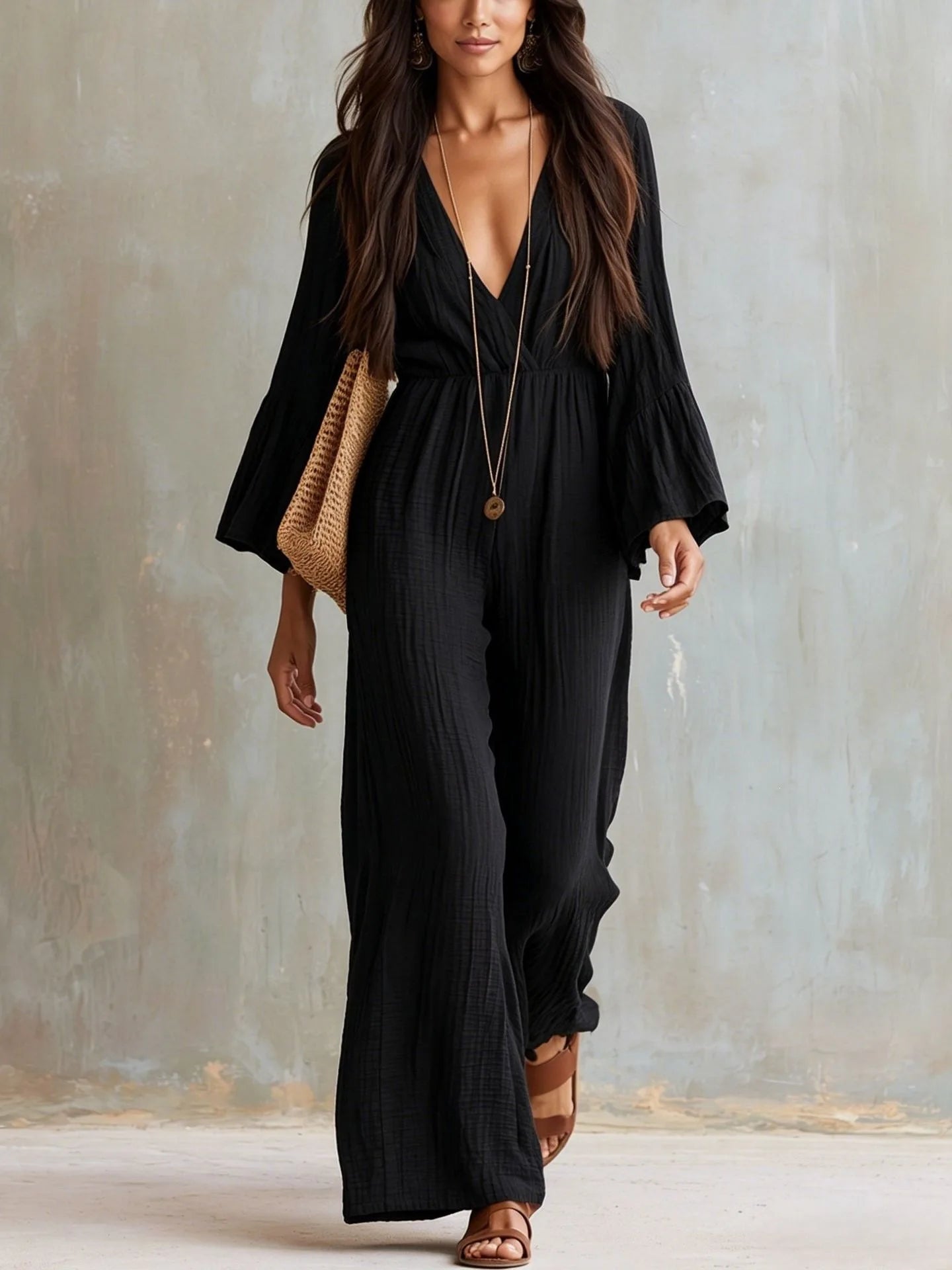 Elegant Women Flare Sleeve Jumpsuit Deep V Neck High Waist Wide Leg Casual Daily Party One Piece Romper