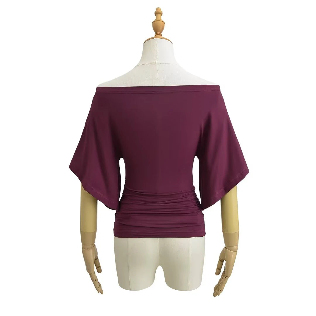 Korean style Women Summer Sexy Bat Sleeve Slash Neck Off Shoulder T-shirt Cinching Waist Solid Slim Top