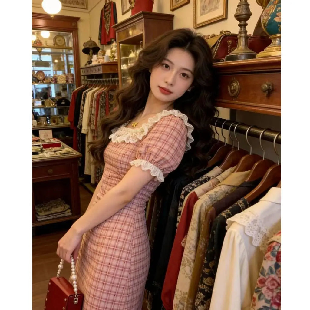 Pink Lace Bubble Sleeve Dress Women's Summer Gentle Style Ultra Beautiful Plaid Slimming Long Dress High Waist A-Line Skirt