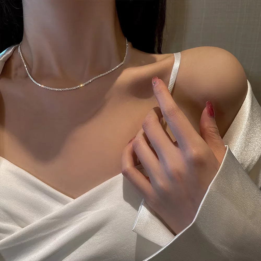 Set Of Shiny Silver Plated Collarbone Chain Necklace Bracelet Jewelry, Women'S'S Minimalist Starry Sky Accessories