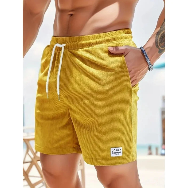 Summer Men's Solid Corduroy Shorts with Drawstring Casual Elastic Waist Fit for Outdoor Daily Activities Streetwear