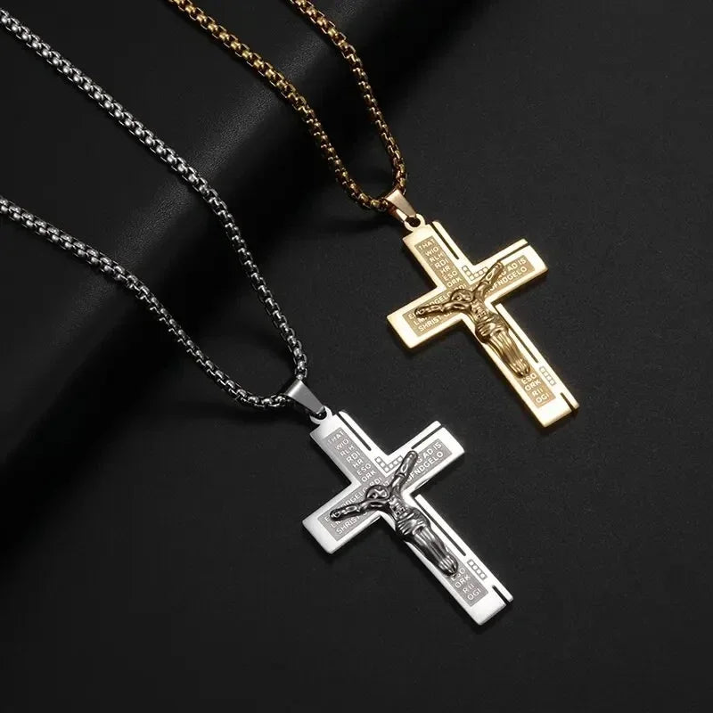 Jesus Christ Cross Mens Necklace Gold Color Cross Religious Pendant Necklace Accessory Chain Accessories