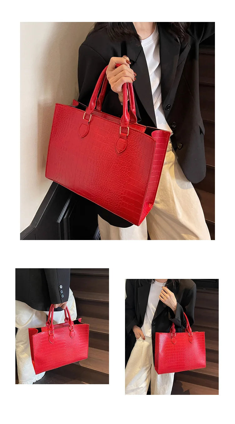 Spring 2025 Large Capacity Fashionable Handbag Casual Commuting Trendy Crocodile Pattern Tote Bag Street Style PU Material