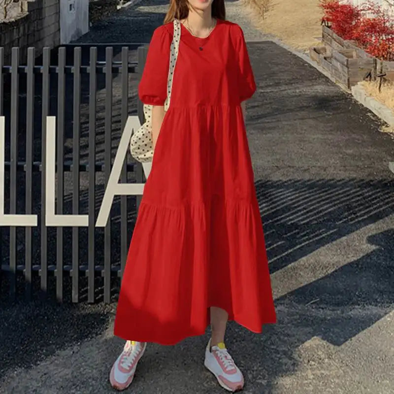 2026 Fashion Puff Short Sleeve Dress for Women Summer Solid Casual Sundress Comfort Cotton Maxi Dress Modest Robe Vestidos Femme