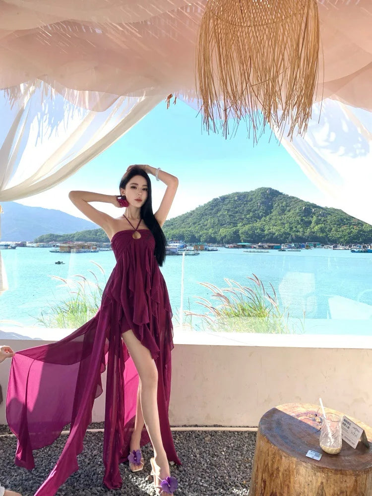Purple Beach Vacation Photography Dress Women's Sleeveless Gown Luxury Design Sensation Halter Neck Chiffon Long Skirt