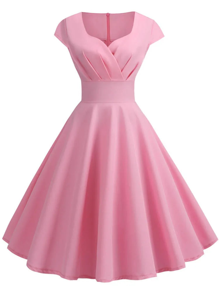 Women's Vintage V-Neck Pink Midi Dress