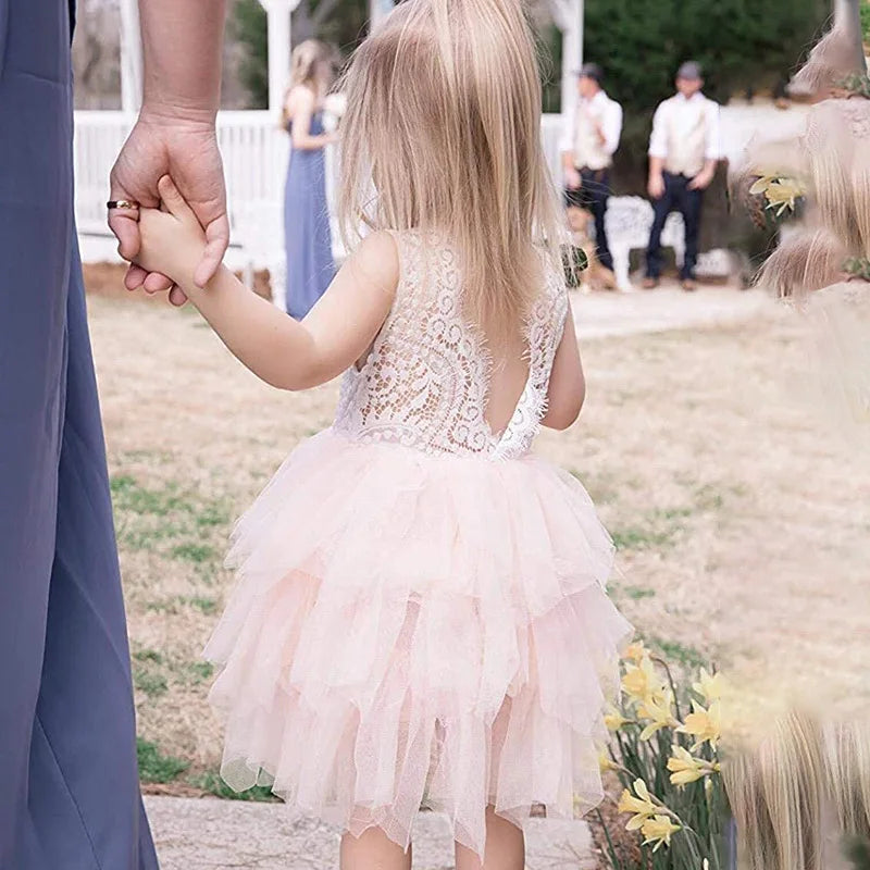 Baby Girls Sleeveless Lace Tutu Birthday Dress for Children Ruffles Eyelash Lace Flower Girl Dresses for Weddings Clothes