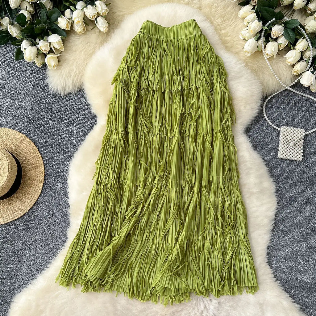 New In 2026 Spring Summer Tassel Midi Long Skirt For Women Trendy High Waist Streetwear Casual Skirts