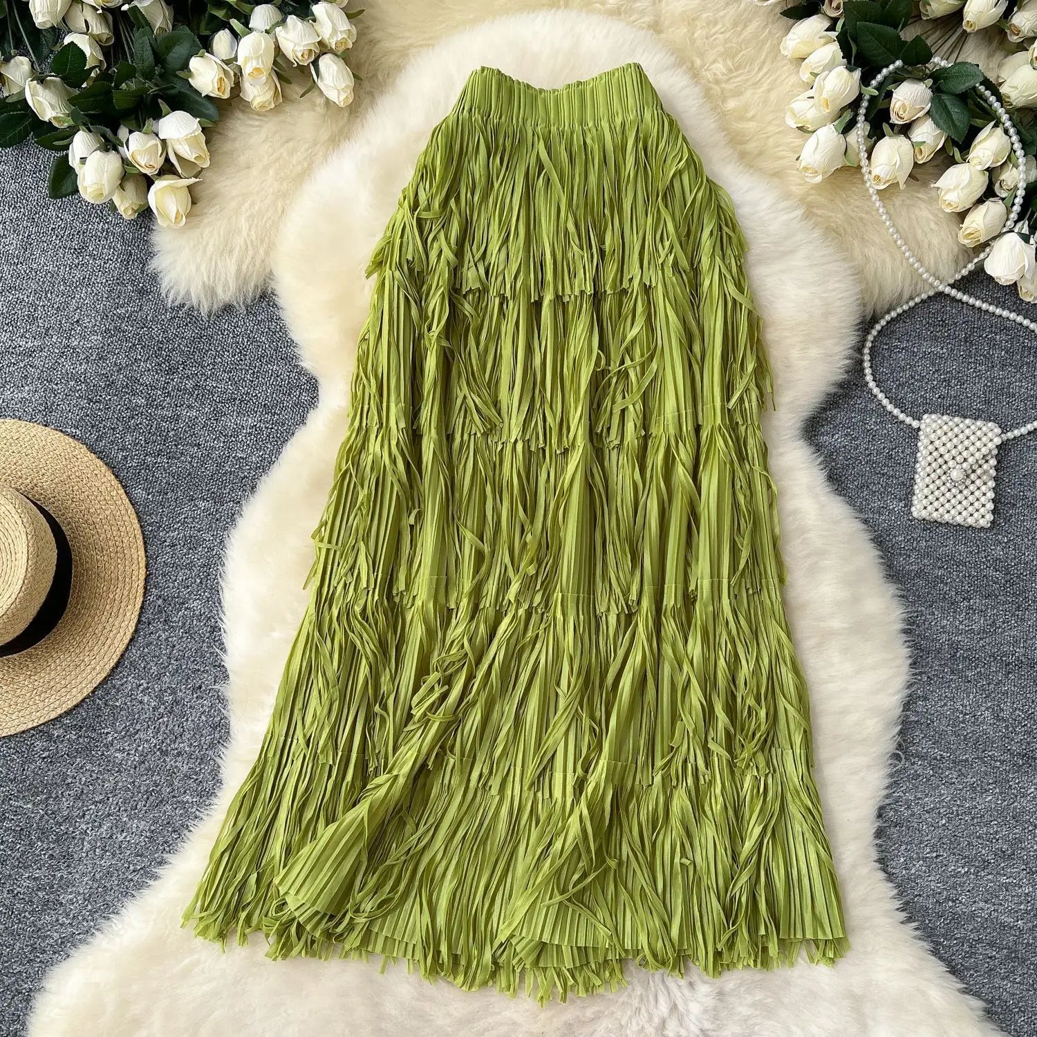 New In 2026 Spring Summer Tassel Midi Long Skirt For Women Trendy High Waist Streetwear Casual Skirts